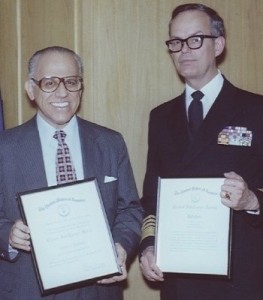 Following his services out of retirement in 1978 as liaison to the House Select Committee on Assassinations (HSCA), George Joannides (left) is awarded the Career Intelligence Medal from Deputy CIA Director Bobby Ray Inman, 15 July, 1981. (Photo credit: CIA)