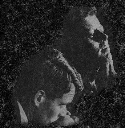 Two men in deep contemplation, one looking down and the other gazing upward, set against a dark, textured background.