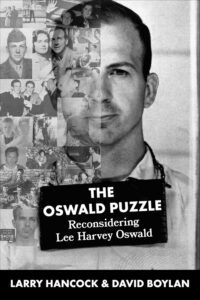 A book cover titled 'The Oswald Puzzle', featuring a half-image of Lee Harvey Oswald and a collage of related historical photographs.