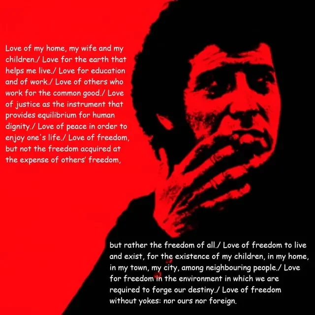 A portrait of a thoughtful person against a red background, with text conveying themes of love, freedom, and justice.